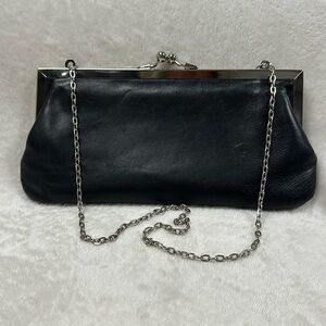 Vintage Soft Black Leather Clutch Double Kiss Lock , use Chain Strap Out or Hide